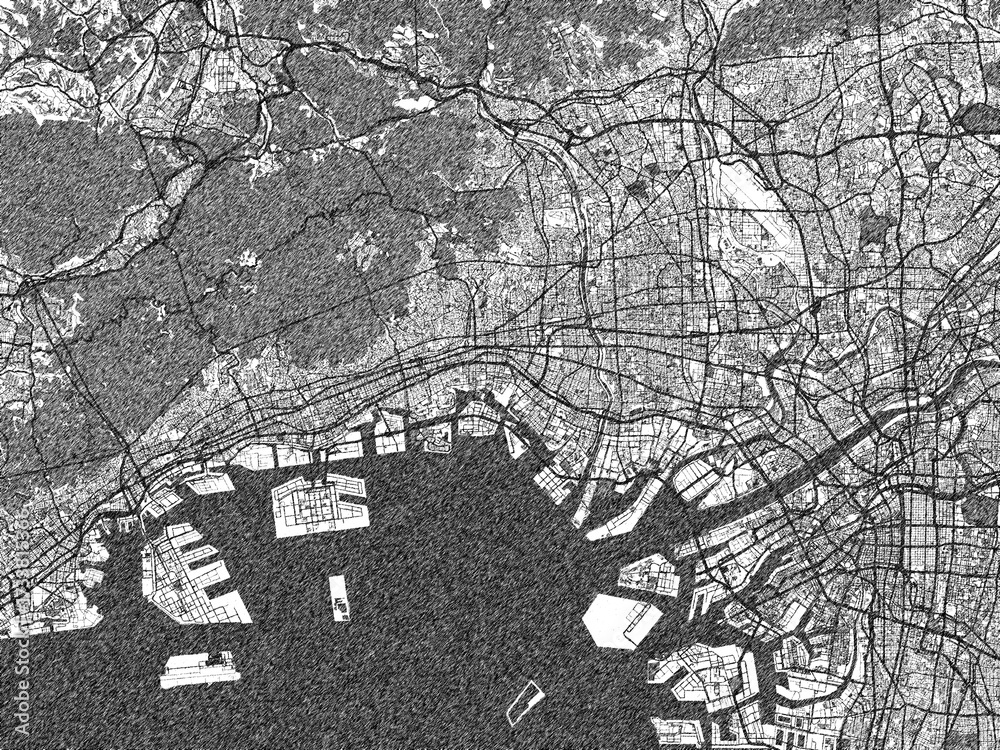 Fototapeta premium Artistic urban sketch of Nishinomiya-hama, Japan, detailed in black and white map form.