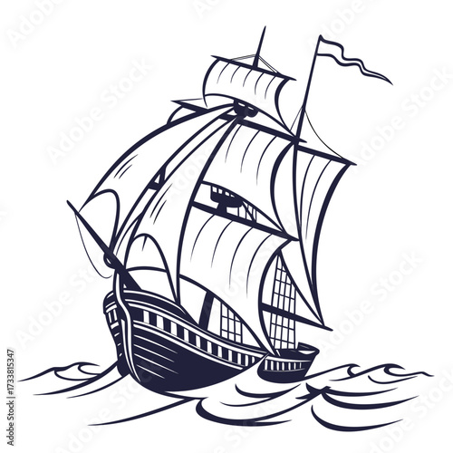 Dark blue sailing ship silhouette on white background with waves