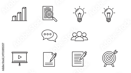 Collection of business icons featuring growth charts idea lightbulbs conversation and target symbols vector