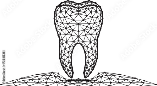 Wireframe 3D model of a tooth with roots emerging from a polygonal surface on a white background