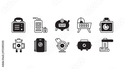 Collection of camping and outdoor gear icons featuring tents backpacks and grills for adventure and travel vector