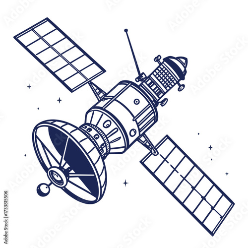 Dark blue satellite with solar panels and dish in space