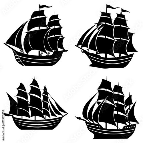 Four black silhouette ships with multiple sails and flags against a white background in a vector style