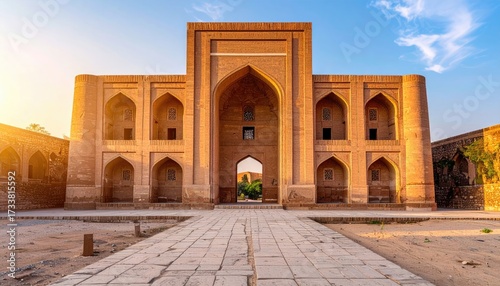 Historic Brown Brick Building with Arches and Stone Pathway at Sunrise