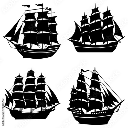 Four black silhouette of sailing ships with multiple masts and sails on a white background display art