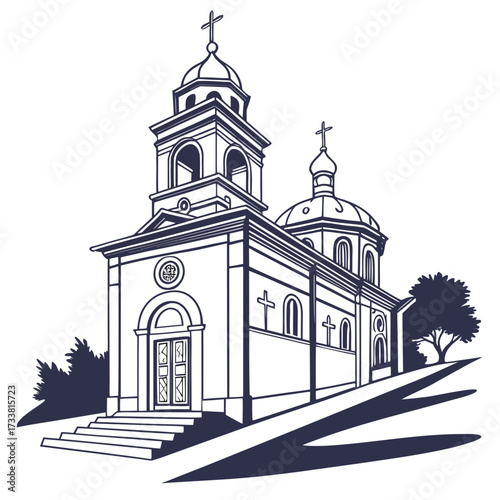 Dark blue silhouette of a church with domes and crosses