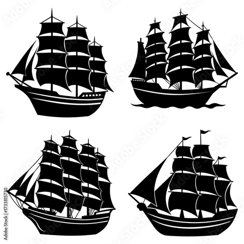 Illustration of four black silhouette sailing ships with multiple masts and sails on a white background