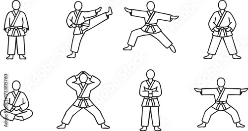 Karate and taekwondo outline icons pack with martial arts sports competition and fighting designs