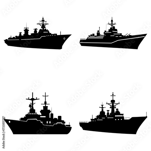 Four silhouettes of warships with detailed superstructures and weaponry on a white background view