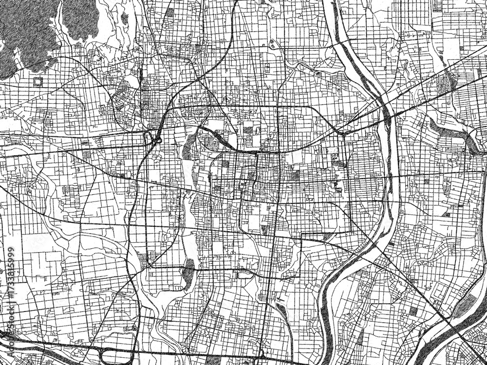 Fototapeta premium Black and white map poster of Ogaki, Japan, illustrated in hand-drawn style.