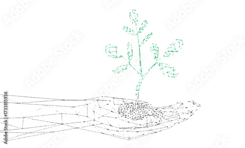 Wireframe Hand Holding a Green Geometric Plant on White Keywords: hand, plant, growth, seedling, sprout, technology, innovation, future
