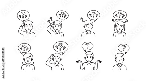 Diverse people expressing confusion doubt and asking questions through thought bubbles sketch vector