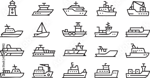 Nautical outline icons pack with ships sailboats cargo and harbor transport illustrations
