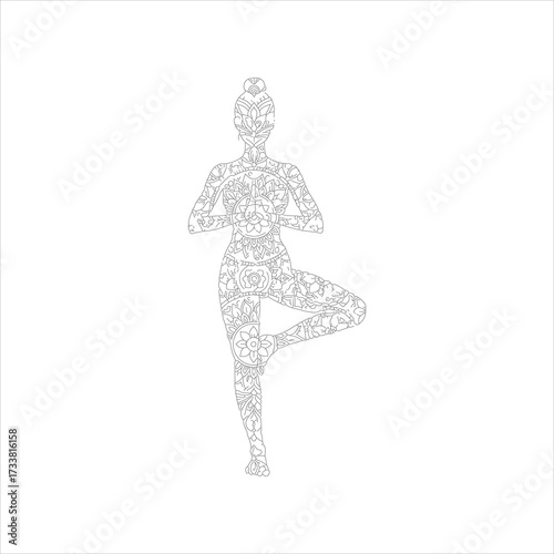 oga woman silhouette with floral mandala pattern vector, meditation balance line art, spiritual artwork