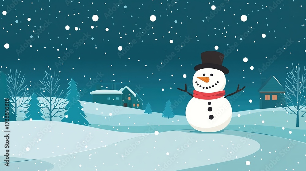Fototapeta premium A cheerful snowman stands in a snowy landscape, surrounded by trees and cozy houses, set against a starry night sky.