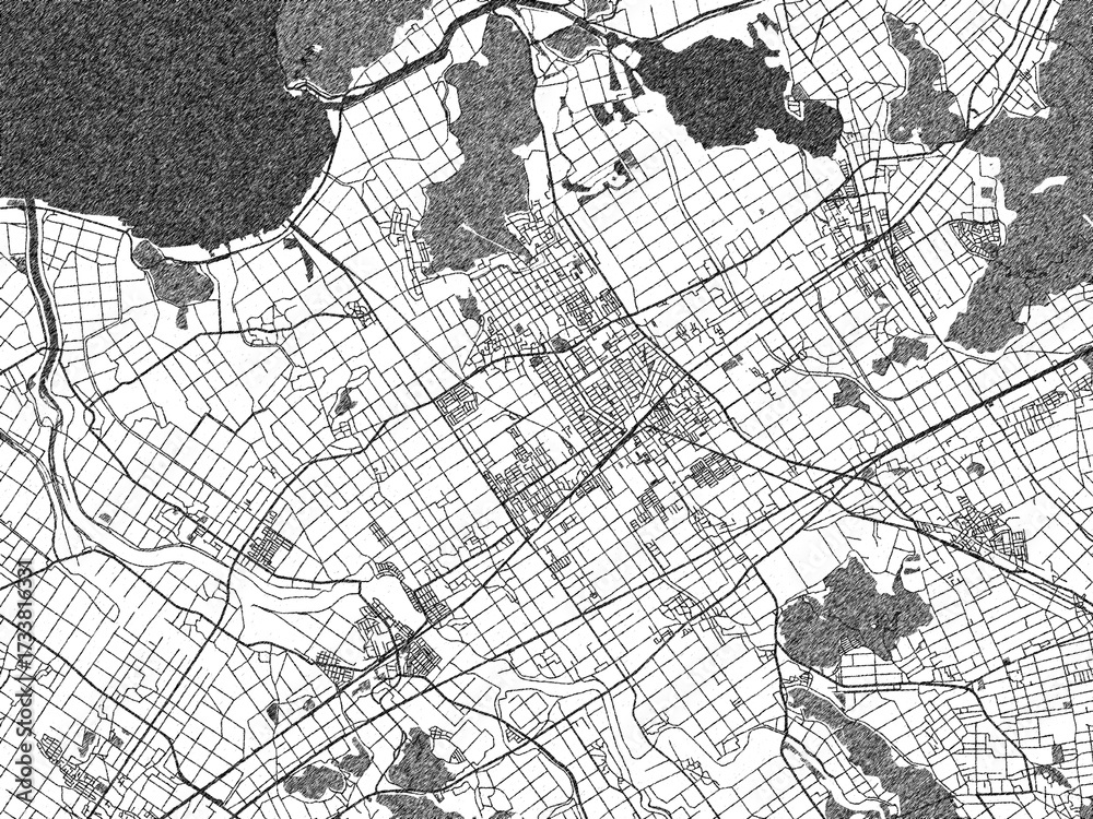 Naklejka premium Black and white illustrated map of Omihachiman, Japan, with streets, rivers, and neighborhoods.