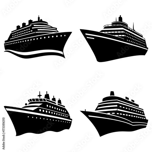 Four cruise ship silhouettes in black and white showing different angles and designs of passenger liners