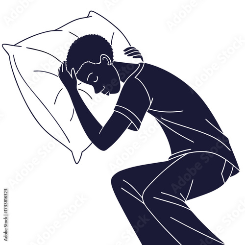 Dark blue silhouette of a person sleeping on a pillow