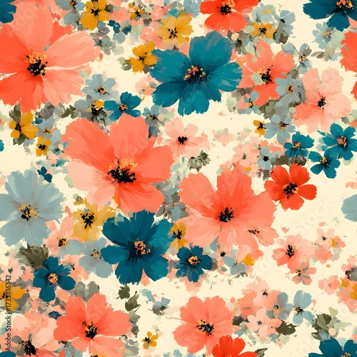 Vibrant watercolor floral pattern with coral blue and yellow flowers on cream background