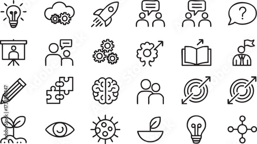 Business vector line icons set with teamwork innovation leadership and strategy design elements