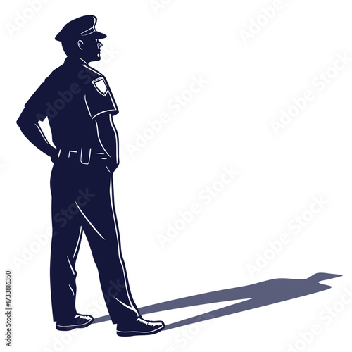 Dark blue silhouette of a police officer standing with hands on hips