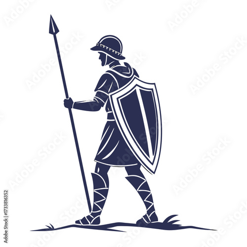 Dark blue silhouette of a Roman soldier with shield and spear
