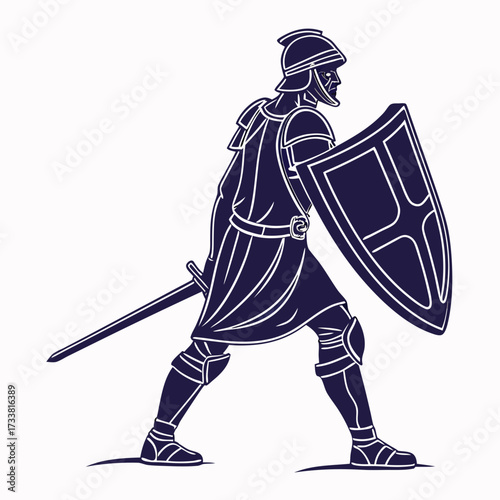 Dark blue silhouette of a Roman soldier with shield and sword
