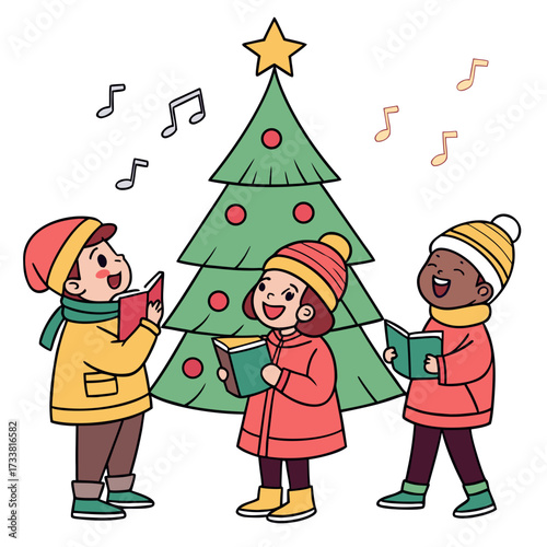 Three children singing Christmas carols by a decorated tree