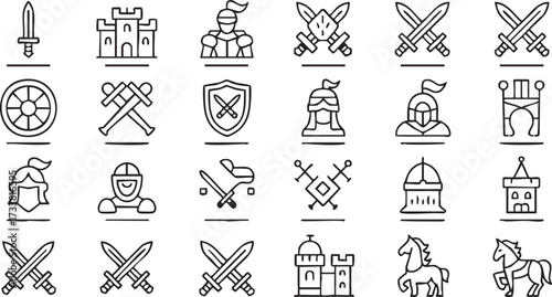 Medieval vector line icons set with knights castles swords and shields for fantasy design