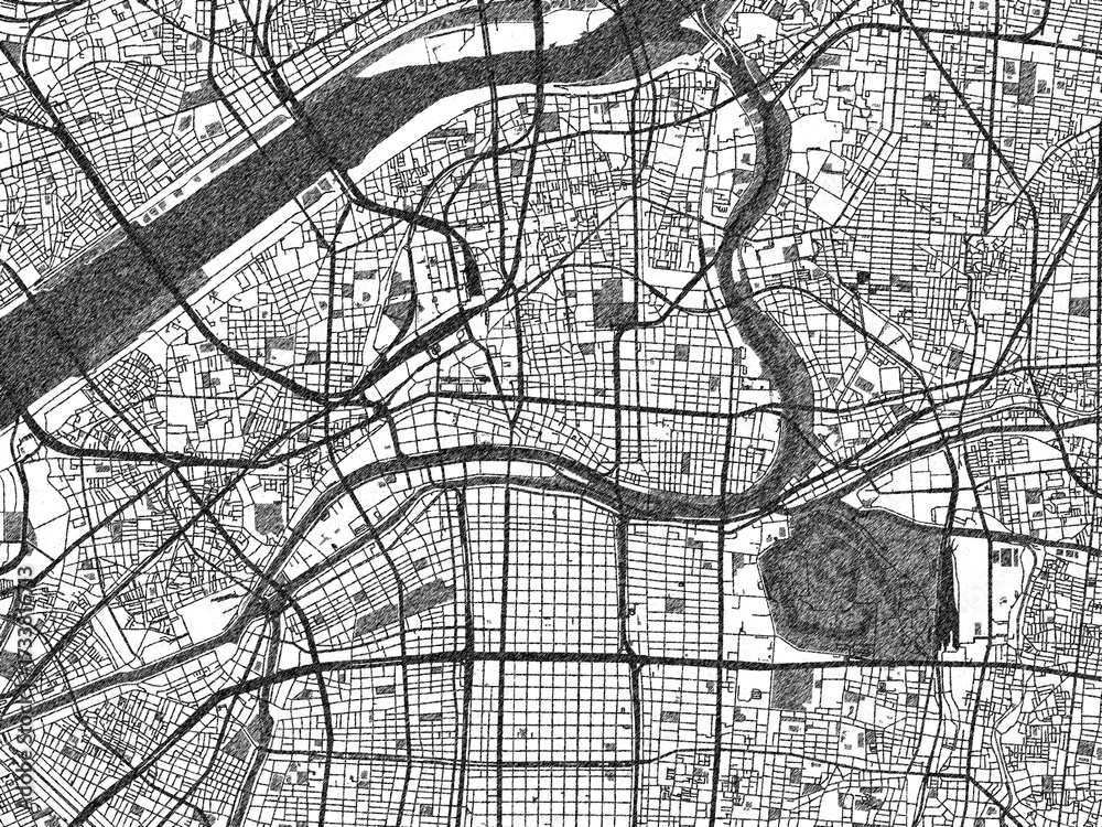 Naklejka premium Illustrated city map of Osaka City Center, Japan, in black and white, showing roads and textures.