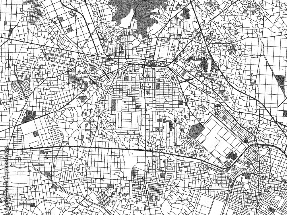 Fototapeta premium Hand-drawn style black and white city map of Ota, Japan, with detailed streets and textures.