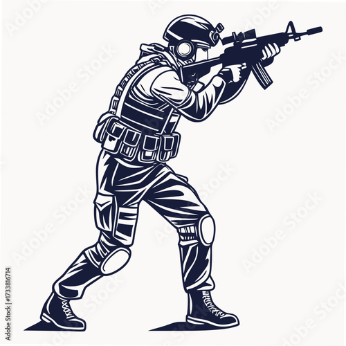 Dark blue silhouette of soldier aiming rifle on white background 1