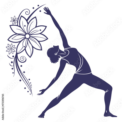 Dark blue silhouette of woman in yoga pose with floral design 1