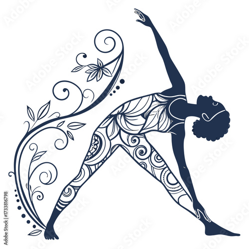 Dark blue silhouette of woman in yoga pose with floral elements 1