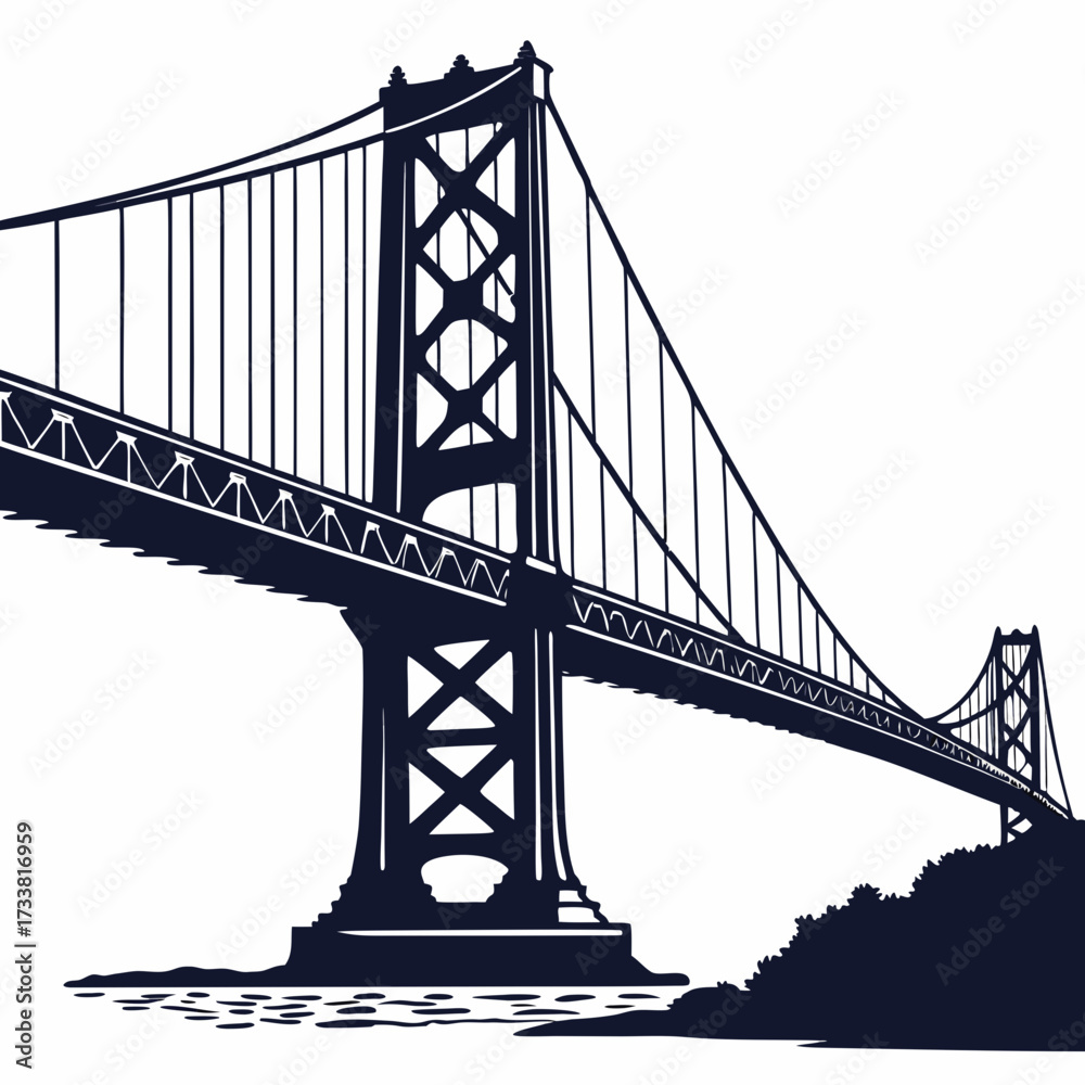 Fototapeta premium Dark blue suspension bridge silhouette on white background