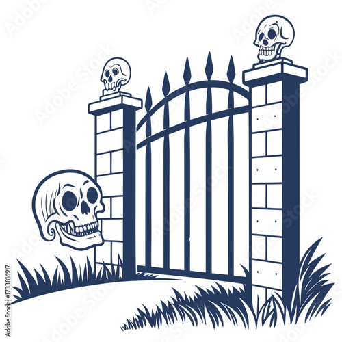 Dark Blue Skull Cemetery Gate Vector Illustration graveyard