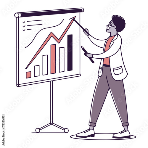 Person pointing at upward trending graph on presentation board