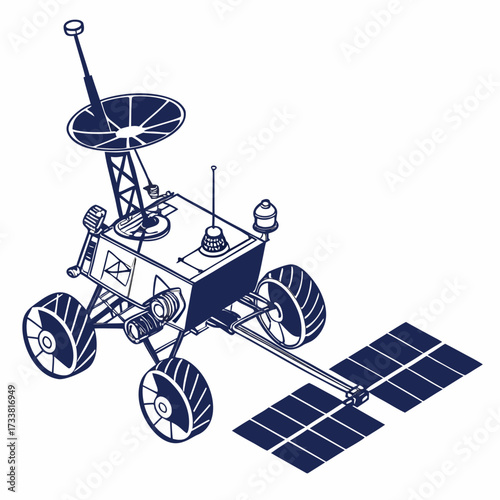 Dark blue space rover with solar panels and antenna