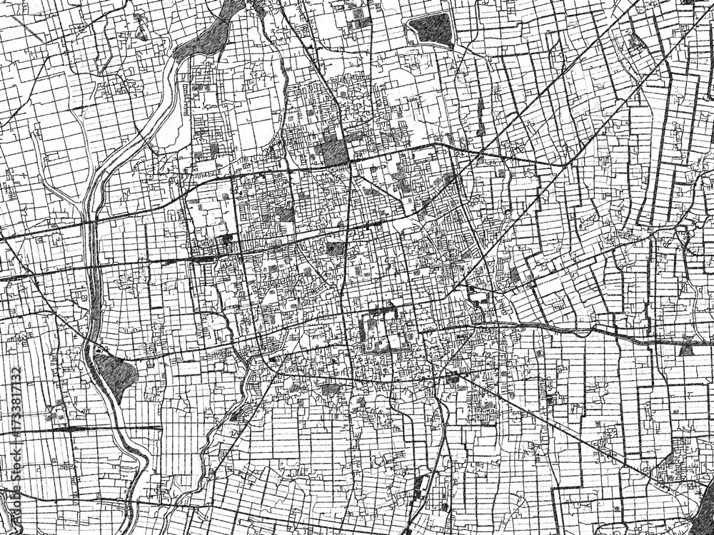 Naklejka premium Hand-drawn style black and white city map of Saga, Japan, with detailed streets and textures.