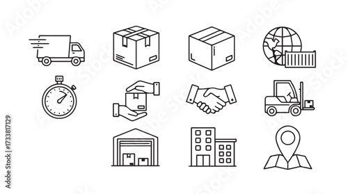 Set of hand drawn logistics and delivery icons representing shipping and global commerce vector