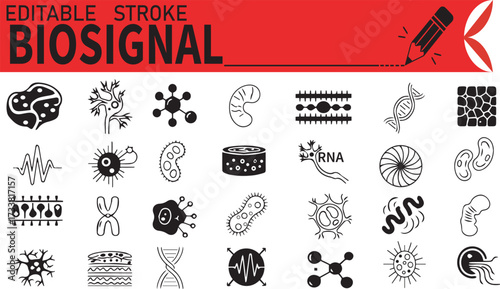 “Editable Stroke Biosignal Icons Set – DNA, Cells, Molecules, Chromosomes, Vector Science Pack”