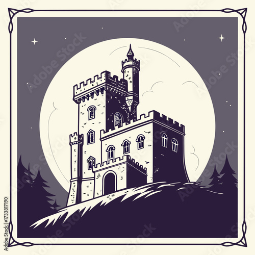 Dark castle silhouette against a large full moon and starry sky