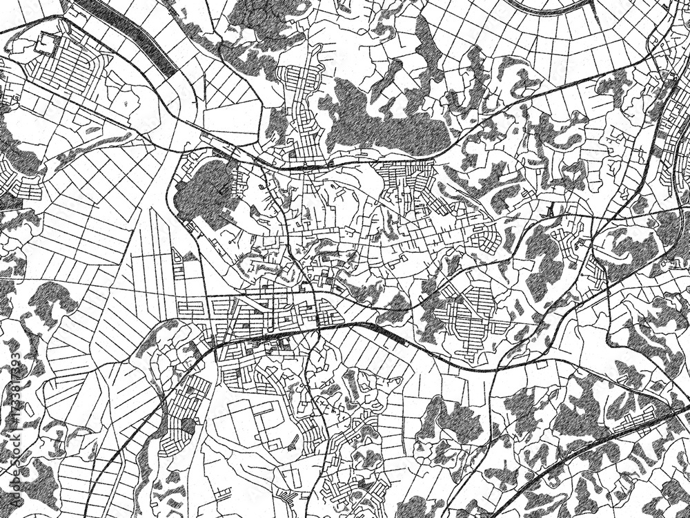Fototapeta premium Black and white cartographic illustration of Sakura, Japan, in hand-drawn sketch form.