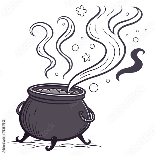 Dark cauldron bubbling with steam and stars smoke witch