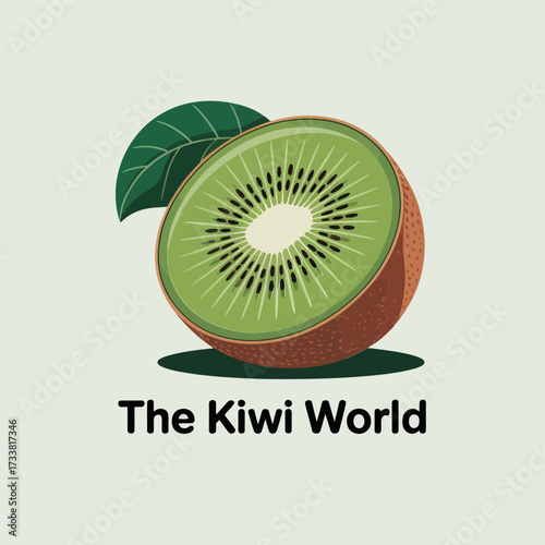 Kiwi fruit world emblem, detailed slice with leaf, earth theme branding, market logo, healthy lifestyle concept, vector illustration