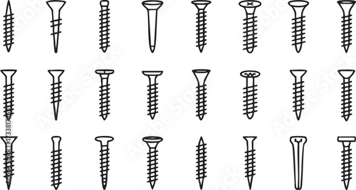 Screws vector line icons set with hardware fasteners and construction tools for building design