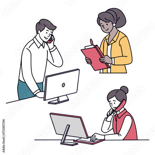 Three office workers on phones and computers woman