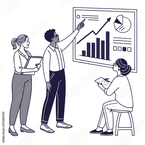 Three people in a meeting looking at a presentation board