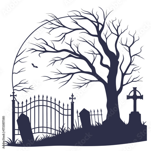 Dark graveyard silhouette with bare tree and tombstones