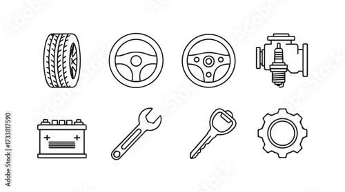 Set of automotive repair icons tire battery spark plug wrenches gears and steering wheel vector